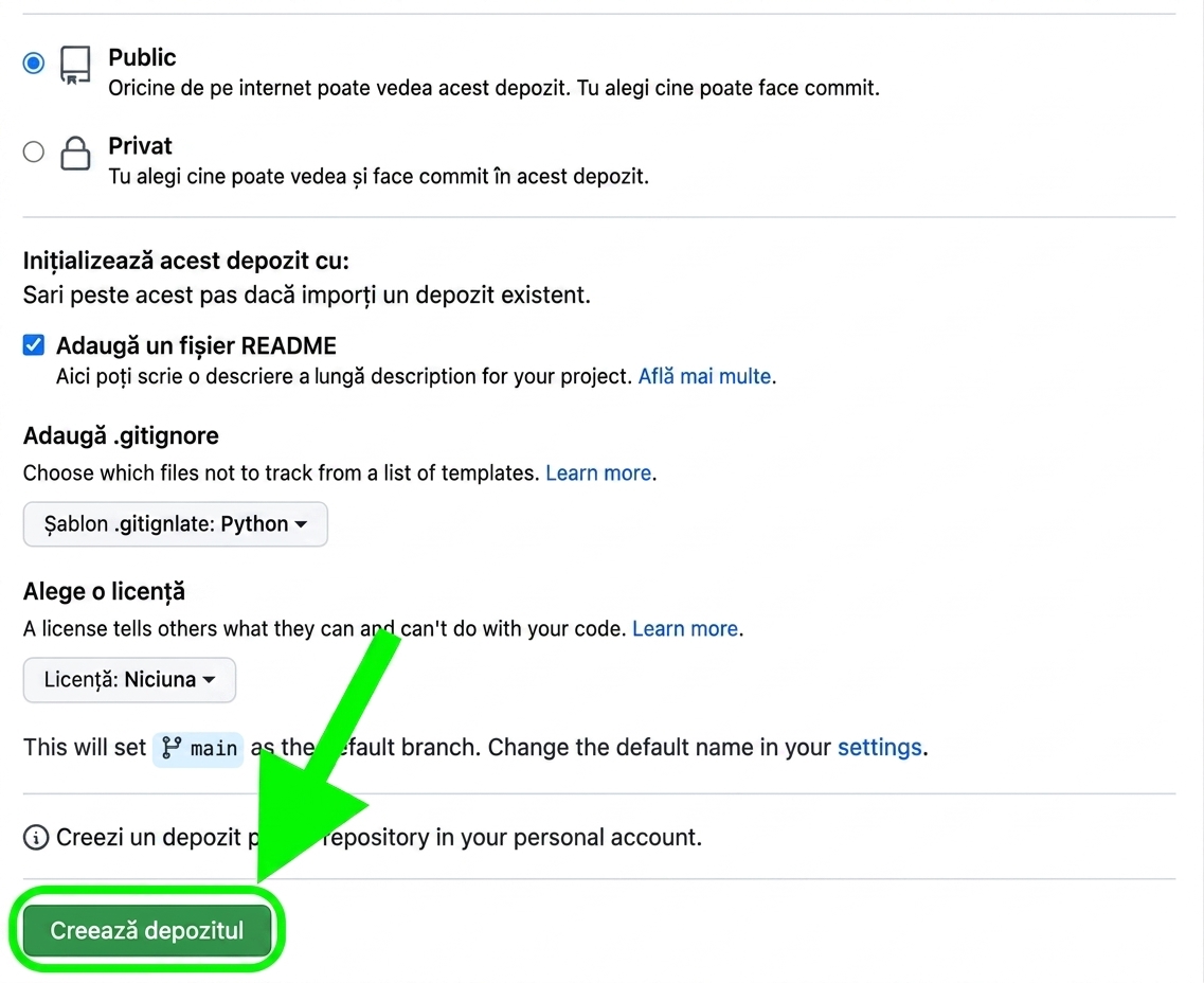 Vedere a paginii de creare a unui repository nou cu butonul de creare a repository-ului evidențiat
