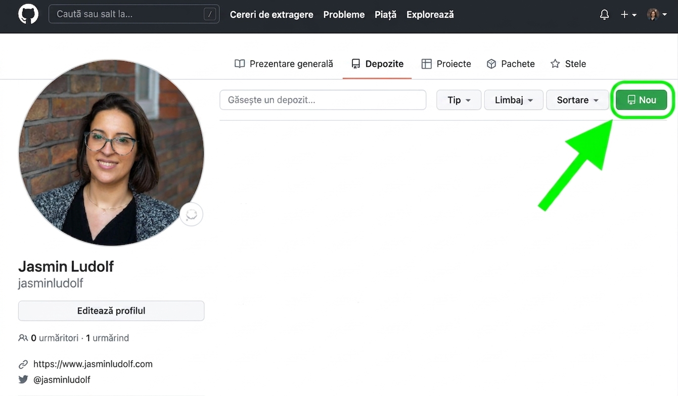 Vedere a filei Repositories din profilul GitHub cu o săgeată verde îndreptată spre butonul New, încercuit în verde.