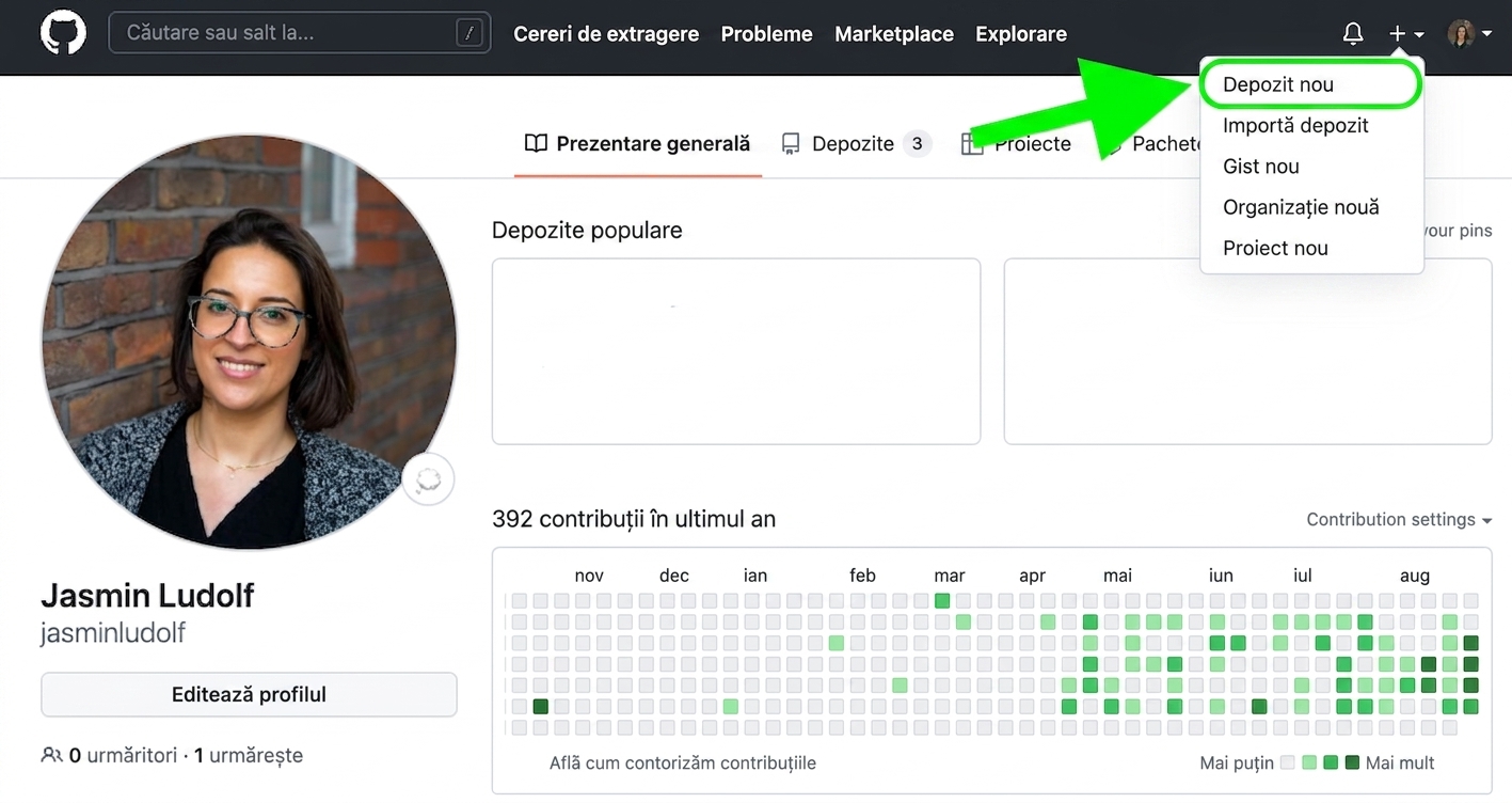 Vedere a profilului GitHub cu o săgeată verde îndreptată spre opțiunea New Repository din meniul derulant.