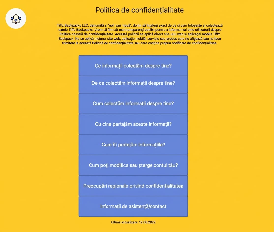 Pagina Politicii de confidențialitate Tiffz Backpackz