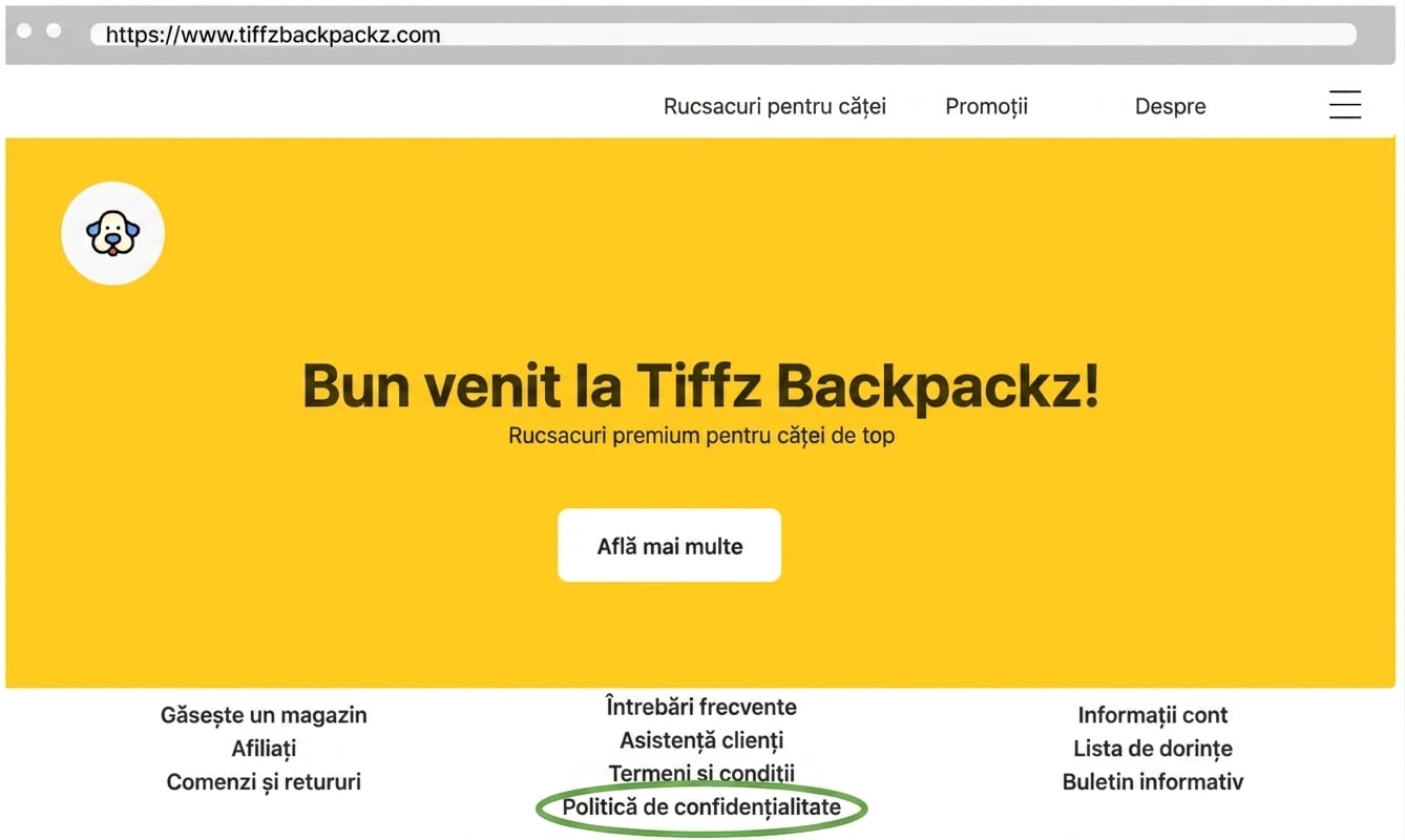 Politica de confidențialitate pe pagina de start Tiffz Backpackz