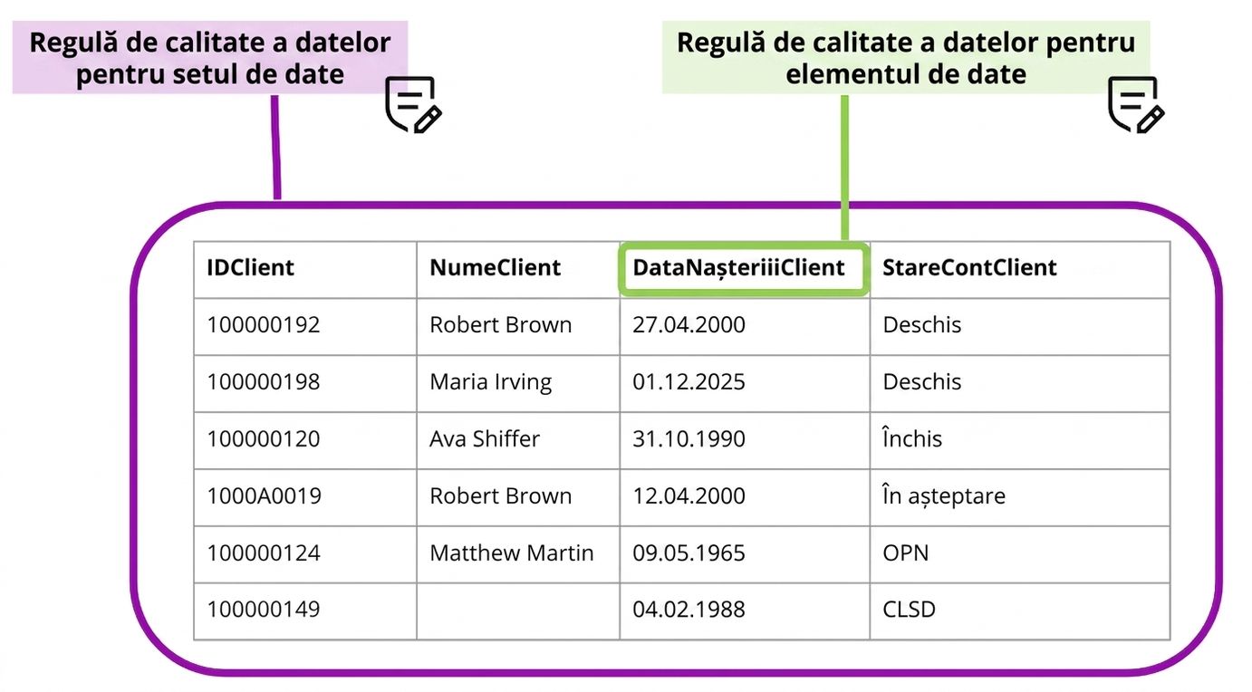 tabel ilustrând reguli de calitate la nivel de set de date și element de date