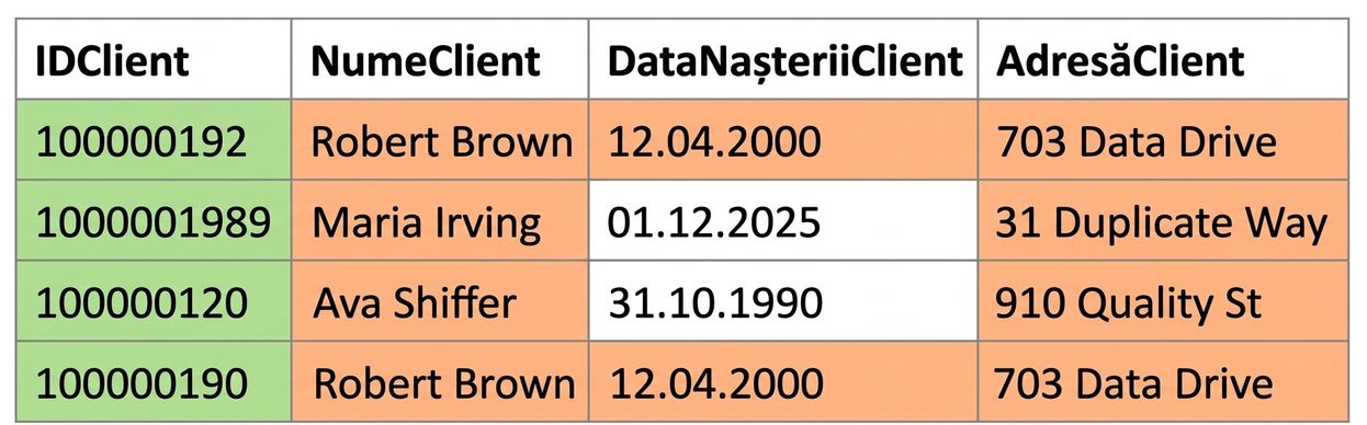tabel ilustrând regula de calitate a datelor privind unicitatea