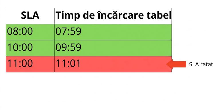 tabel cu exemplu de oportunitate, cu SLA-uri și orele de încărcare a tabelelor