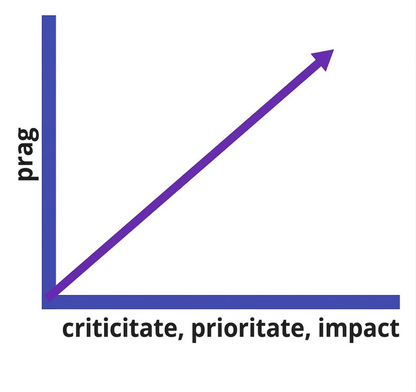 grafic liniar ascendent care ilustrează relația dintre criticitate, prioritate, impact și pragul de alertă