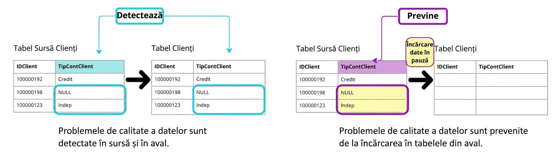 diagramă care ilustrează diferența dintre regulile detective și cele preventive de calitate a datelor