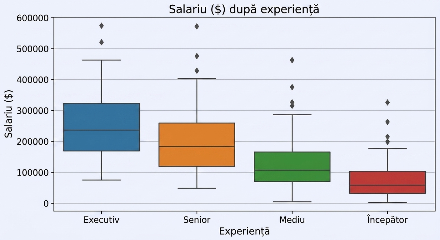 Grafic box plot al salariilor pe nivel de experiență folosind setul de date curat, cu o limită superioară de aproximativ 600.000 de dolari