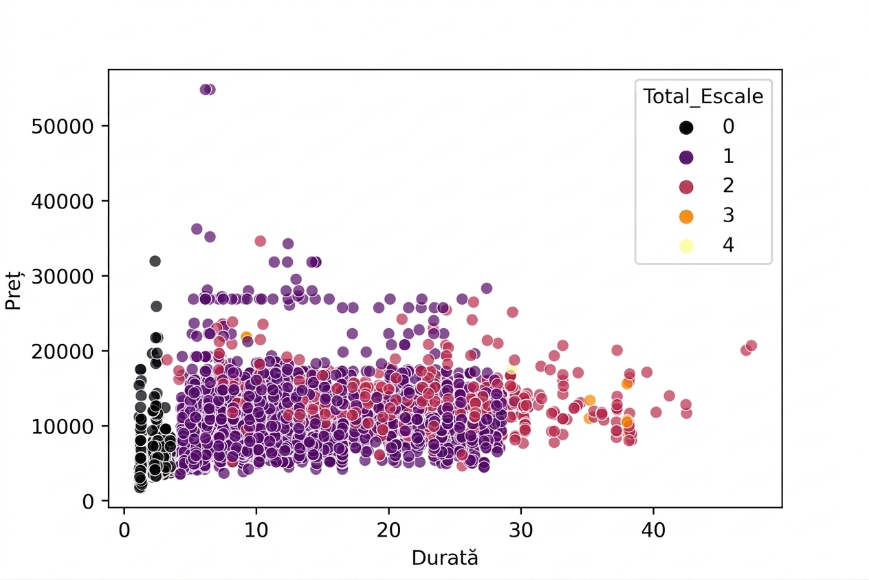 Grafic scatter: Preț vs. Durată, în funcție de numărul de escale