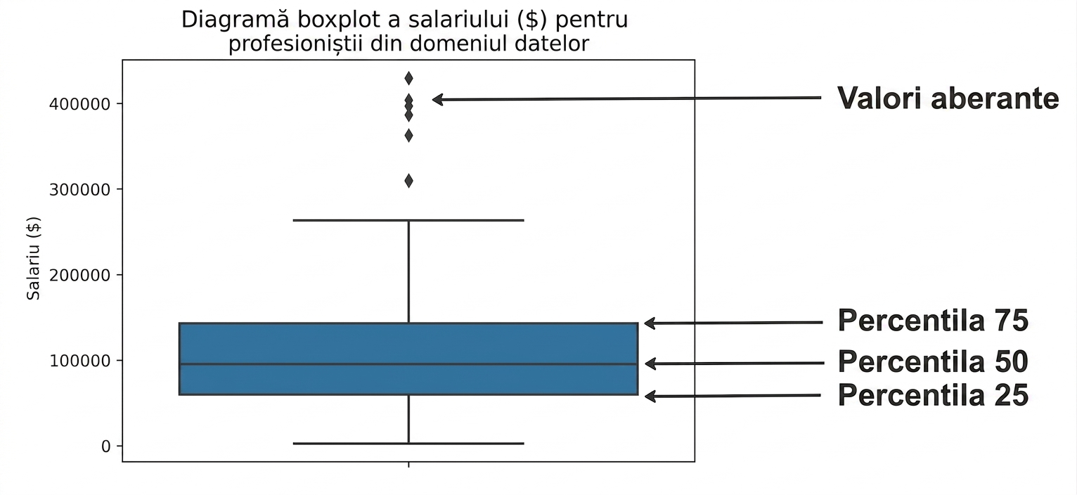 Diagramă box plot a salariilor profesioniștilor în date, cu percentila 25 la baza cutiei, percentila 50 ca linie mediană, percentila 75 în partea superioară a cutiei și valorile aberante reprezentate ca diamante în afara cutiei