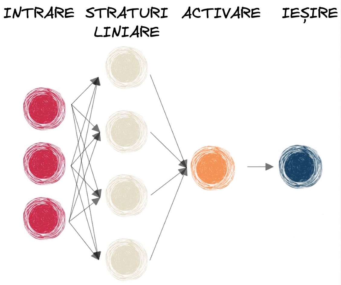 Diagramă a unei rețele neurale cu straturi liniare și o funcție de activare