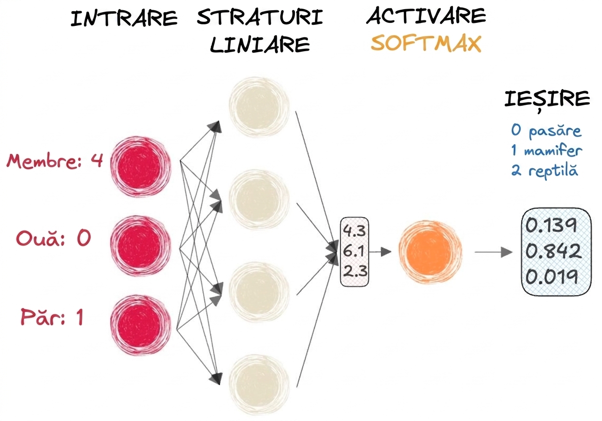 Diagramă a unei părți dintr-o rețea neurală cu intrări, un vector ca ieșire spre straturile liniare, o funcție de activare softmax și o ieșire
