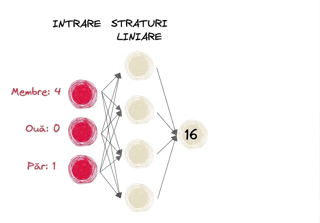 Diagramă a unei părți dintr-o rețea neurală cu intrări și numărul 6 ca ieșire spre straturile liniare