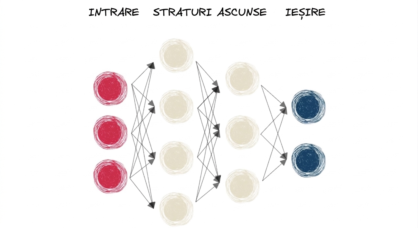 Diagramă reprezentând o rețea neuronală cu strat de intrare, strat ascuns și ieșire