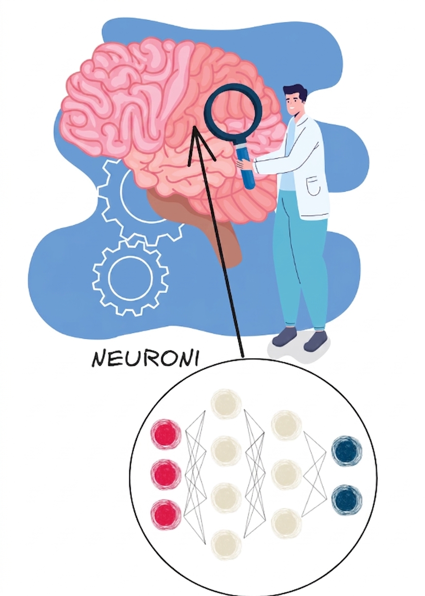 Ilustrație cu o persoană care studiază creierul, cu accent pe neuroni