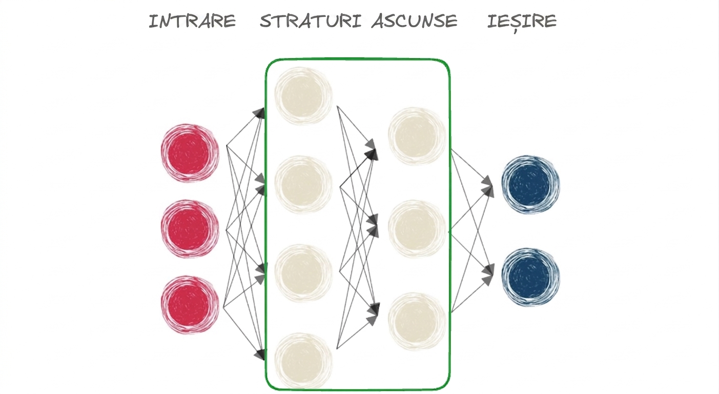 Diagramă reprezentând o rețea neuronală cu strat de intrare, strat ascuns și ieșire