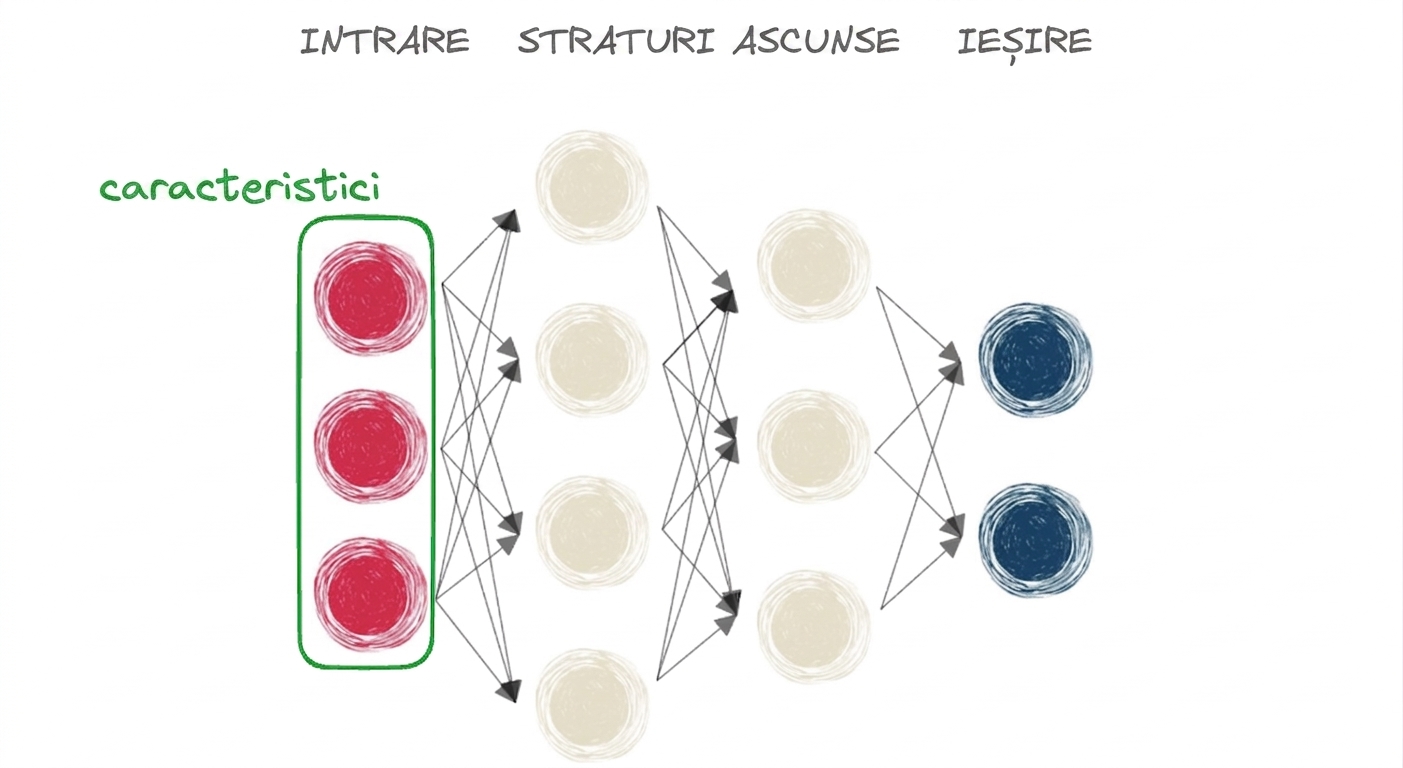 Diagramă reprezentând o rețea neuronală cu strat de intrare, strat ascuns și ieșire