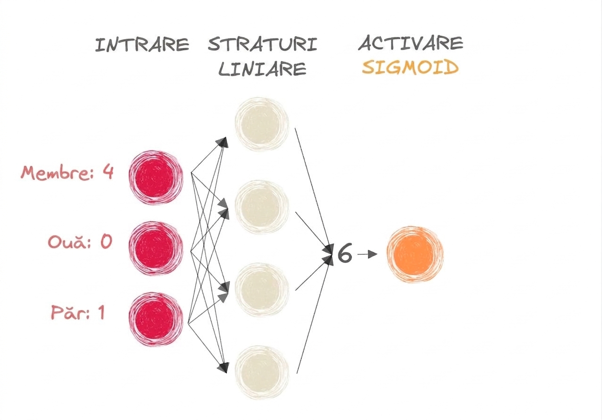 Diagramă a unei părți dintr-o rețea neurală cu intrări, numărul 6 ca ieșire spre straturile liniare și o funcție de activare sigmoid