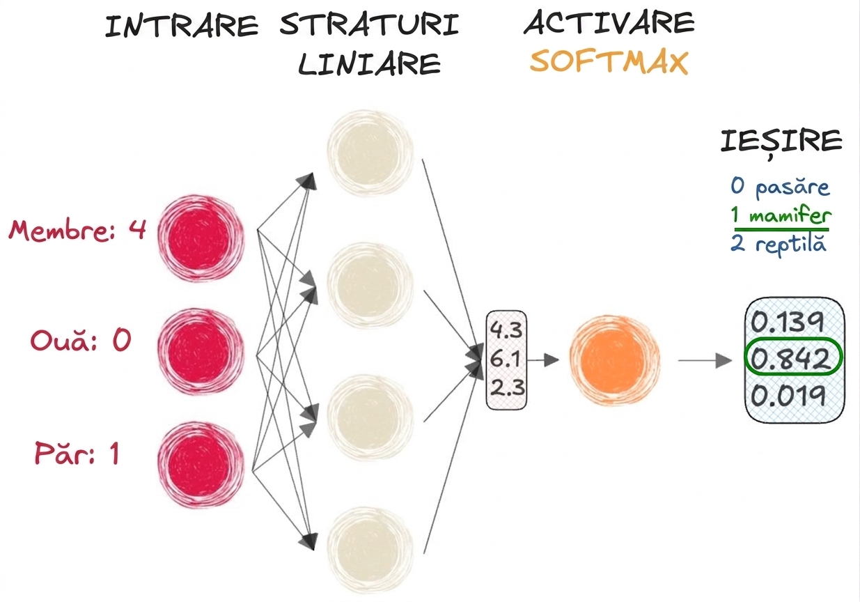Diagramă a unei părți dintr-o rețea neurală cu intrări, un vector ca ieșire spre straturile liniare, o funcție de activare softmax și o ieșire