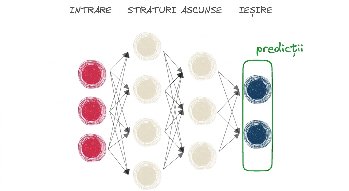 Diagramă reprezentând o rețea neuronală cu strat de intrare, strat ascuns și ieșire