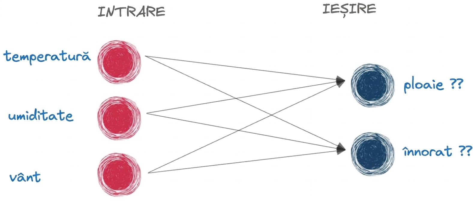 Diagramă reprezentând o rețea neuronală de bază cu intrare și ieșire