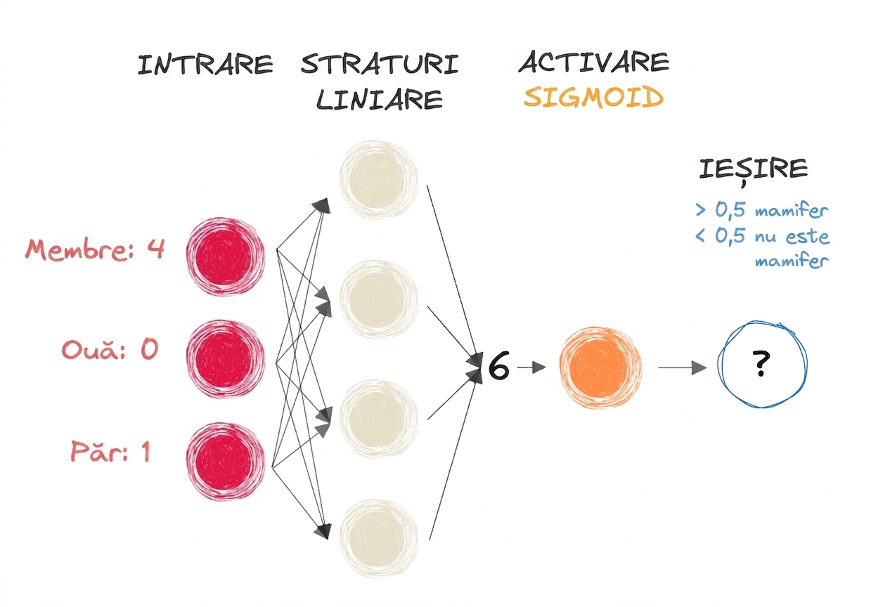 Diagramă a unei părți dintr-o rețea neurală cu intrări, numărul 6 ca ieșire spre straturile liniare, o funcție de activare sigmoid și o ieșire