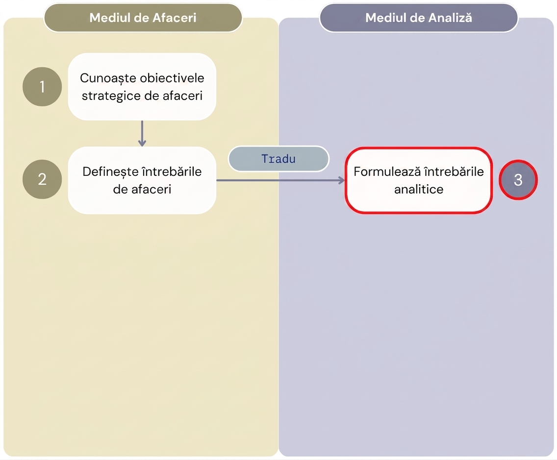 Diagramă care prezintă primii trei pași ai fluxului de lucru „Valoare din analiză", separând etapele mediului de afaceri de cele ale mediului analitic.