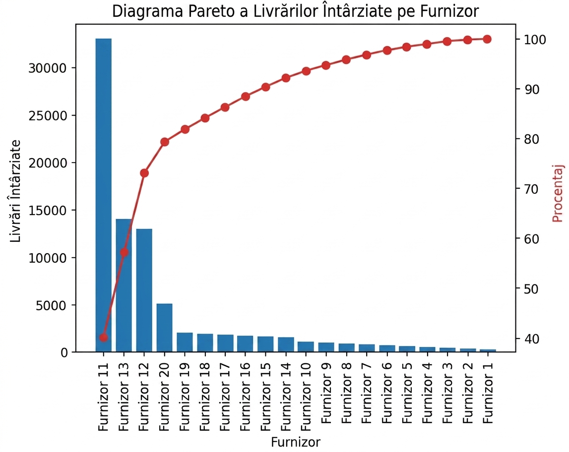 Diagramă Pareto a livrărilor întârziate pe furnizor