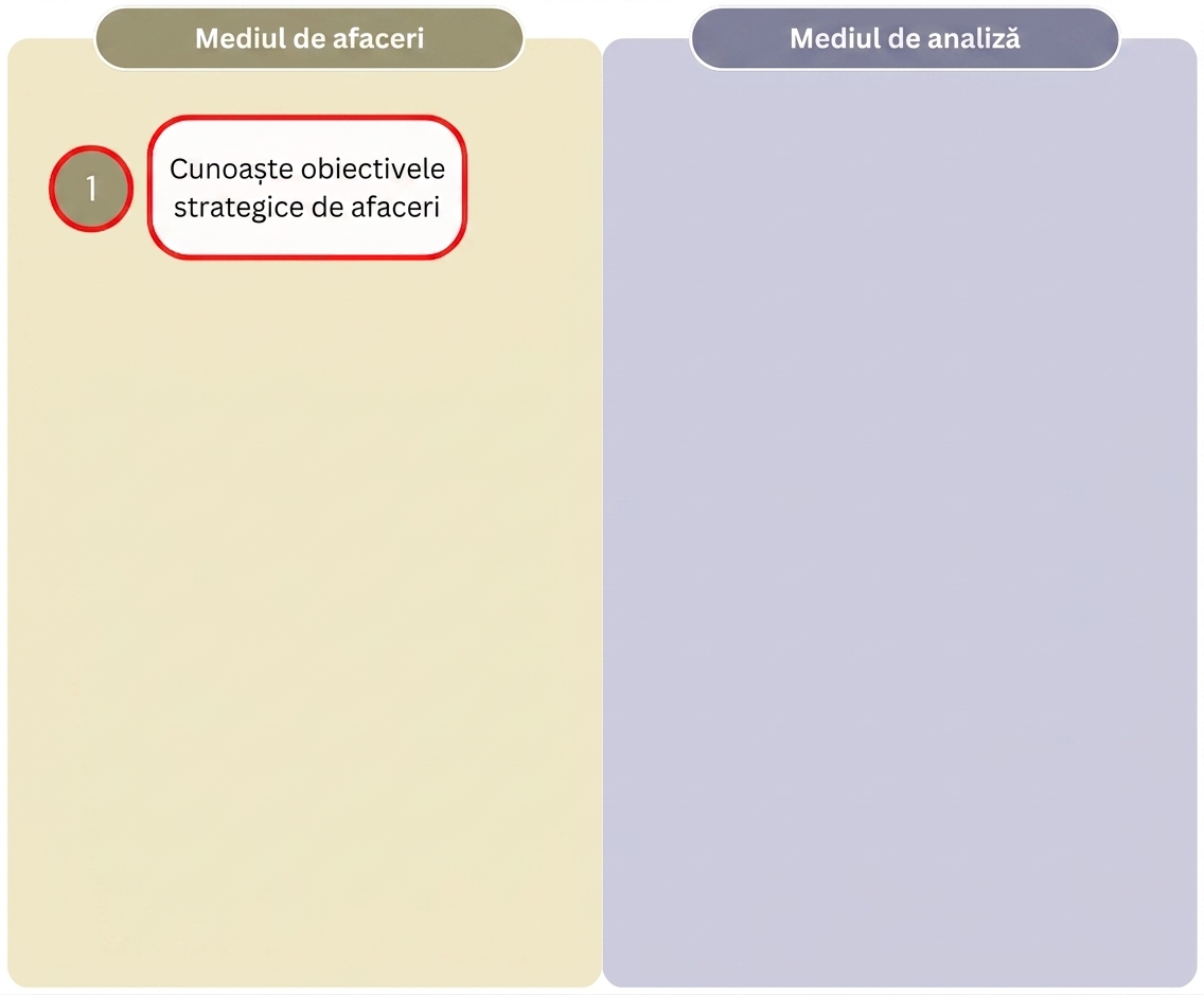Diagramă care prezintă primul pas al fluxului de lucru „Valoare din analiză", separând etapele mediului de afaceri de cele ale mediului analitic.