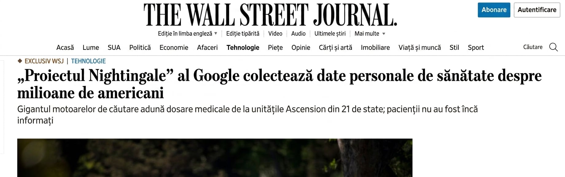 Captură de ecran a articolului WSJ despre Proiectul Nightingale al Google