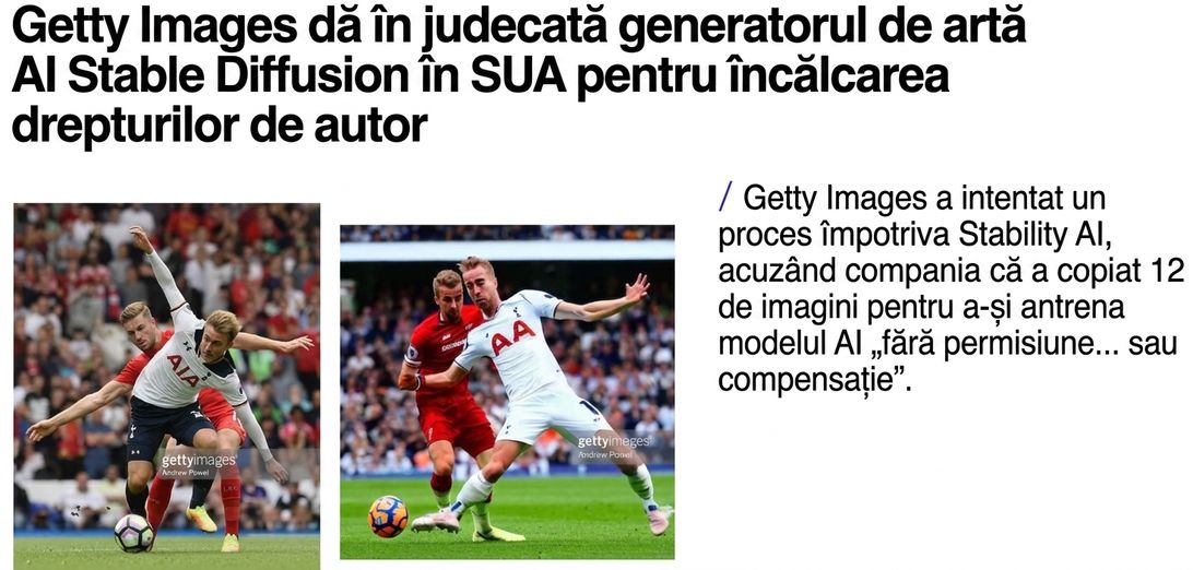 Ilustrație din procesul Getty Images, cu o fotografie originală și o imagine similară (cu filigranul Getty Images) generată de Stable Diffusion. Imagine: Getty Images