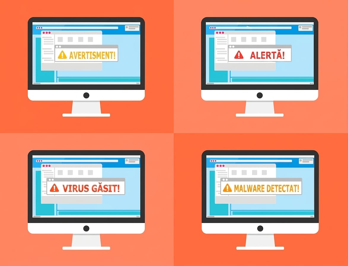 Ilustrație a unei breșe de securitate cu patru calculatoare afișând semne de alarmă: avertisment, alertă, virus detectat, malware detectat.