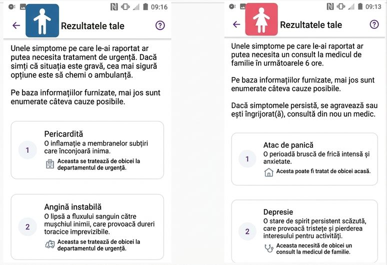 Captură de ecran cu diagnosticul unei aplicații medicale pentru simptome de infarct la bărbați și femei.
