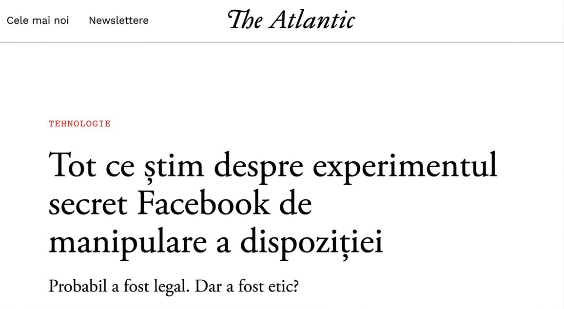 Captură de ecran a unui articol din The Atlantic despre experimentul manipulativ al Facebook.
