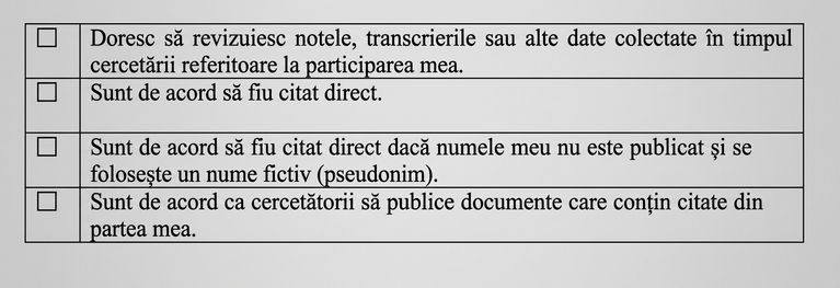 Captură de ecran a unui formular de consimțământ cu diverse opțiuni privind citatele directe.