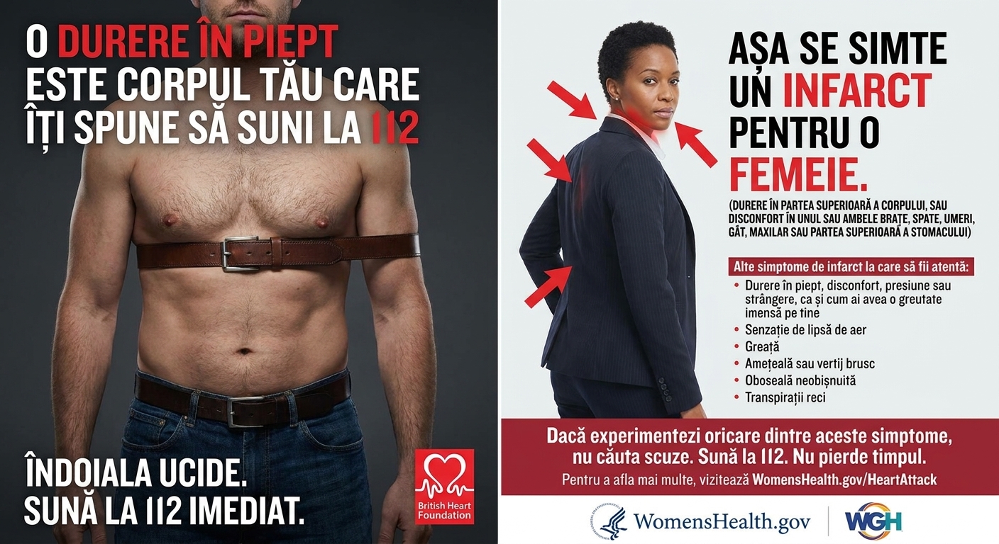 Ilustrație cu simptomele diferite ale unui infarct: constricție toracică la bărbat și durere de spate la femeie.