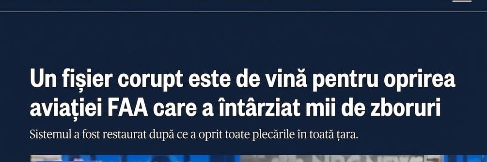 Captură de ecran a unui articol NBC News despre suspendarea zborurilor în SUA