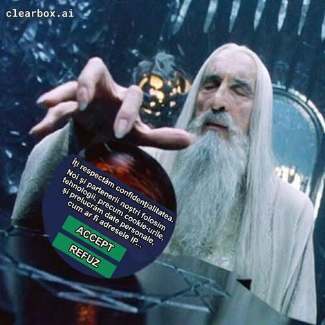 Meme cu Saruman încercând să privească în cristalul său Palantir, blocat de o cerere de consimțământ.