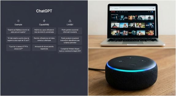 Colaj cu un difuzor asistent vocal, un screenshot ChatGPT și pagina de start Netflix.
