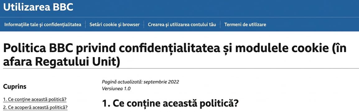 Captură de ecran din politica de confidențialitate a BBC.