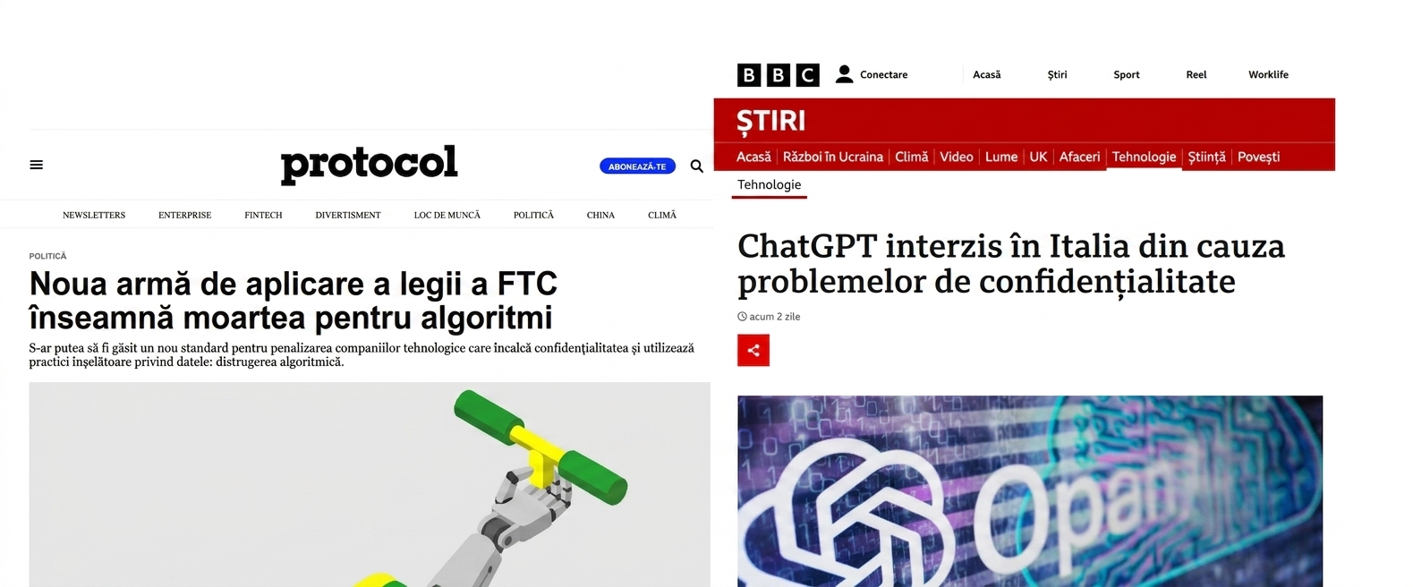 Capturi de ecran cu știri despre sancțiunile FTC și ale autorităților italiene împotriva companiilor cu practici laxe privind datele.