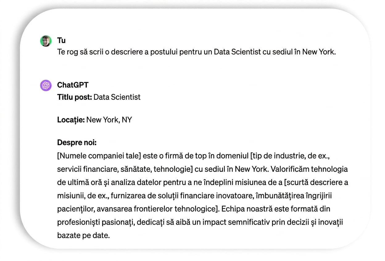 Prompt și răspuns cu o fișă de post pentru un data scientist.