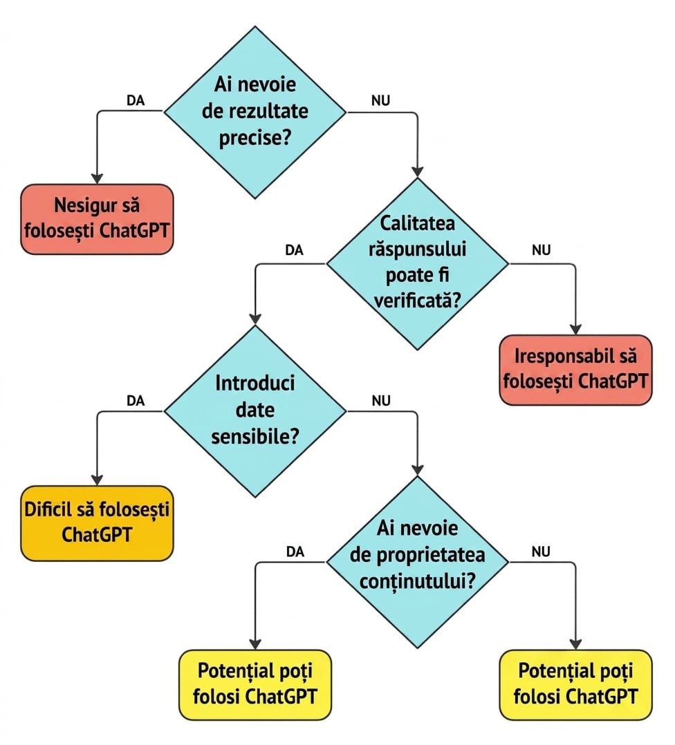 O diagramă cu patru întrebări-cheie pentru validarea unui caz de utilizare ca aplicație potrivită pentru ChatGPT.