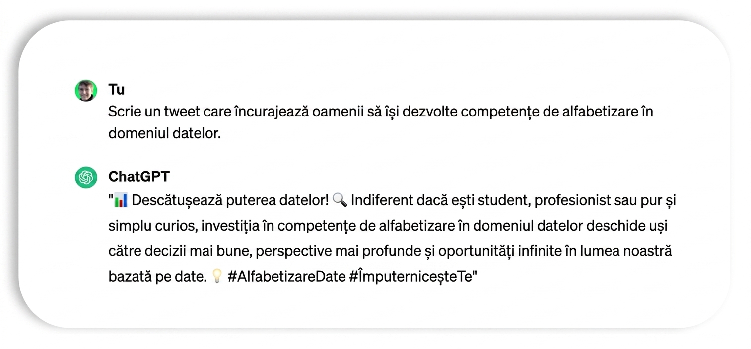 Un tweet generat de ChatGPT cu textul: " Unlock the power of data! Whether you're a student, professional, or simply curious, investing in data literacy skills opens doors to better decision-making, deeper insights, and endless opportunities in our data-driven world. #DataLiteracy #EmpowerYourself"
