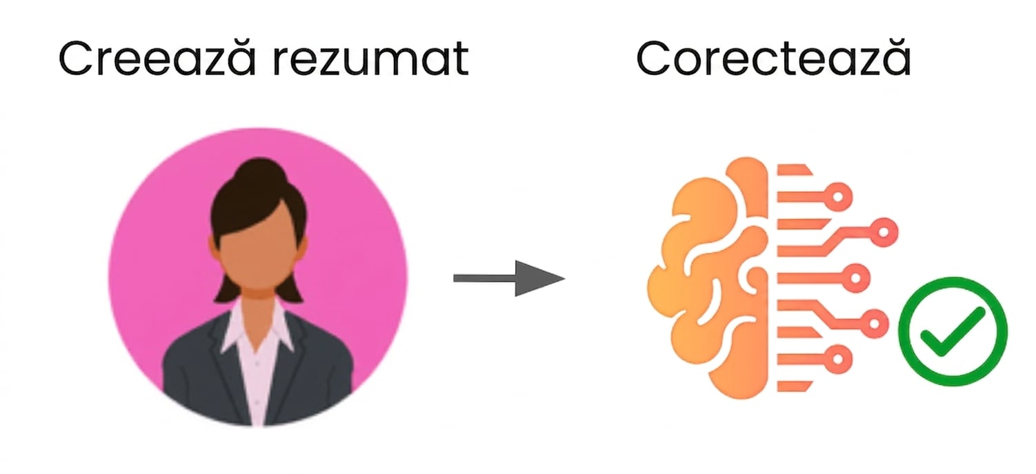 Un flux de lucru standard în care un om conduce crearea conținutului, urmat de utilizarea tehnologiei pentru corectare.
