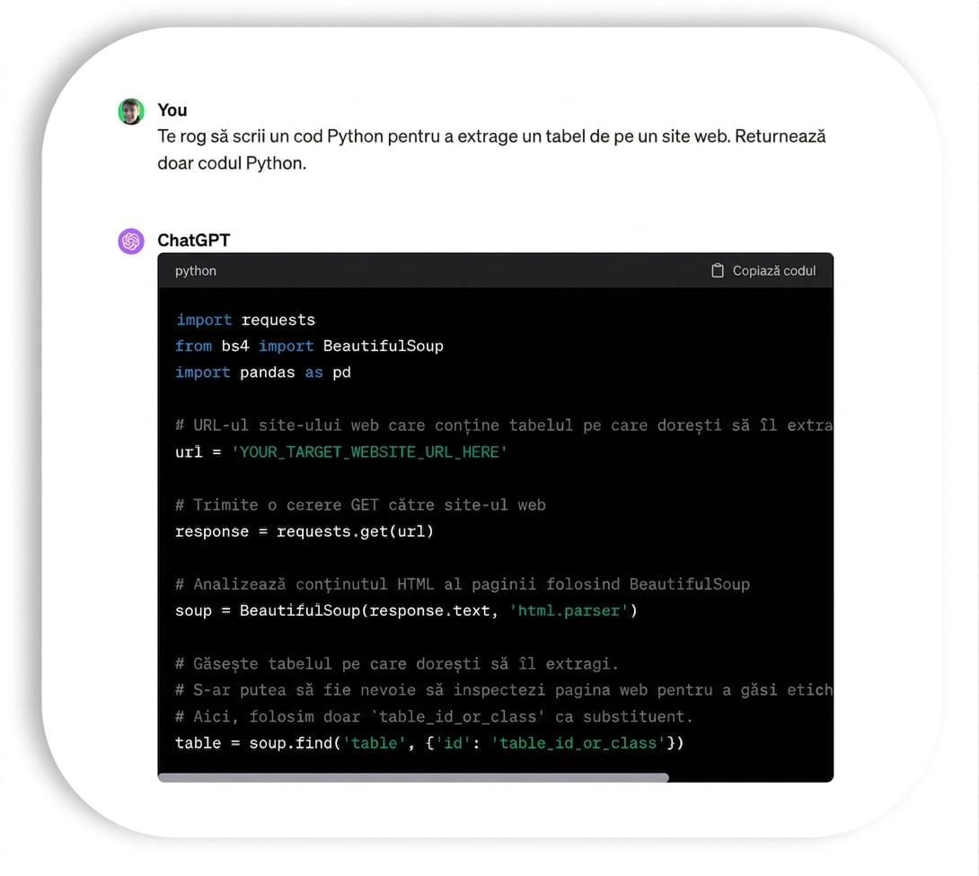 Exemplu de utilizare a ChatGPT pentru generarea de cod ce extrage un tabel dintr-un site web.