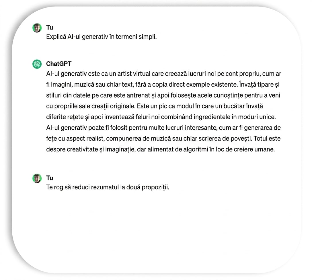 Instrucțiune adresată ChatGPT pentru a reduce rezumatul la două propoziții.