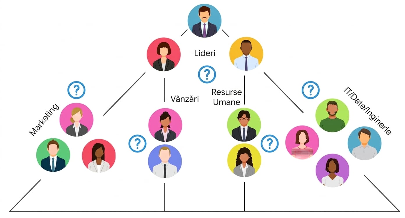 O diagramă cu echipe și roluri tipice dintr-o organizație: conducere, marketing, vânzări, HR și roluri tehnice.