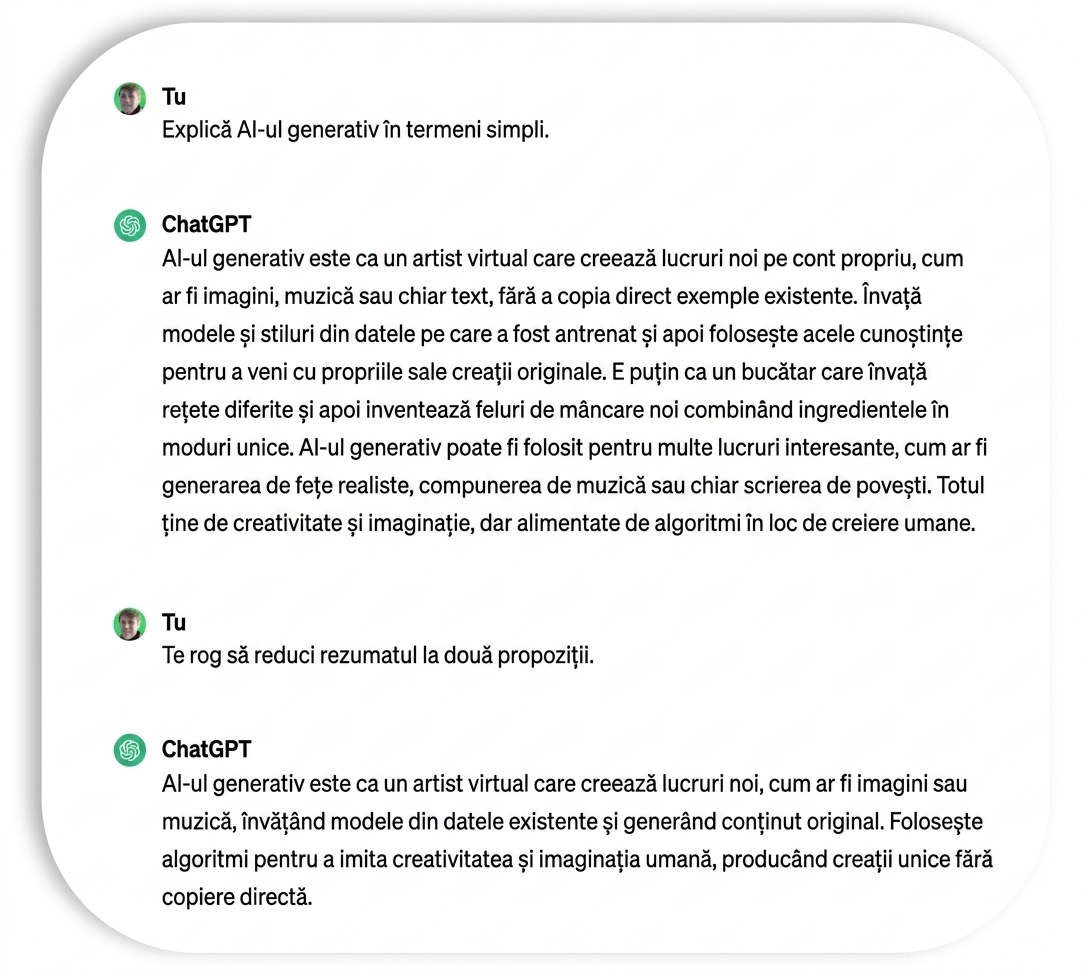 Explicație a IA generative în două propoziții, generată de ChatGPT.
