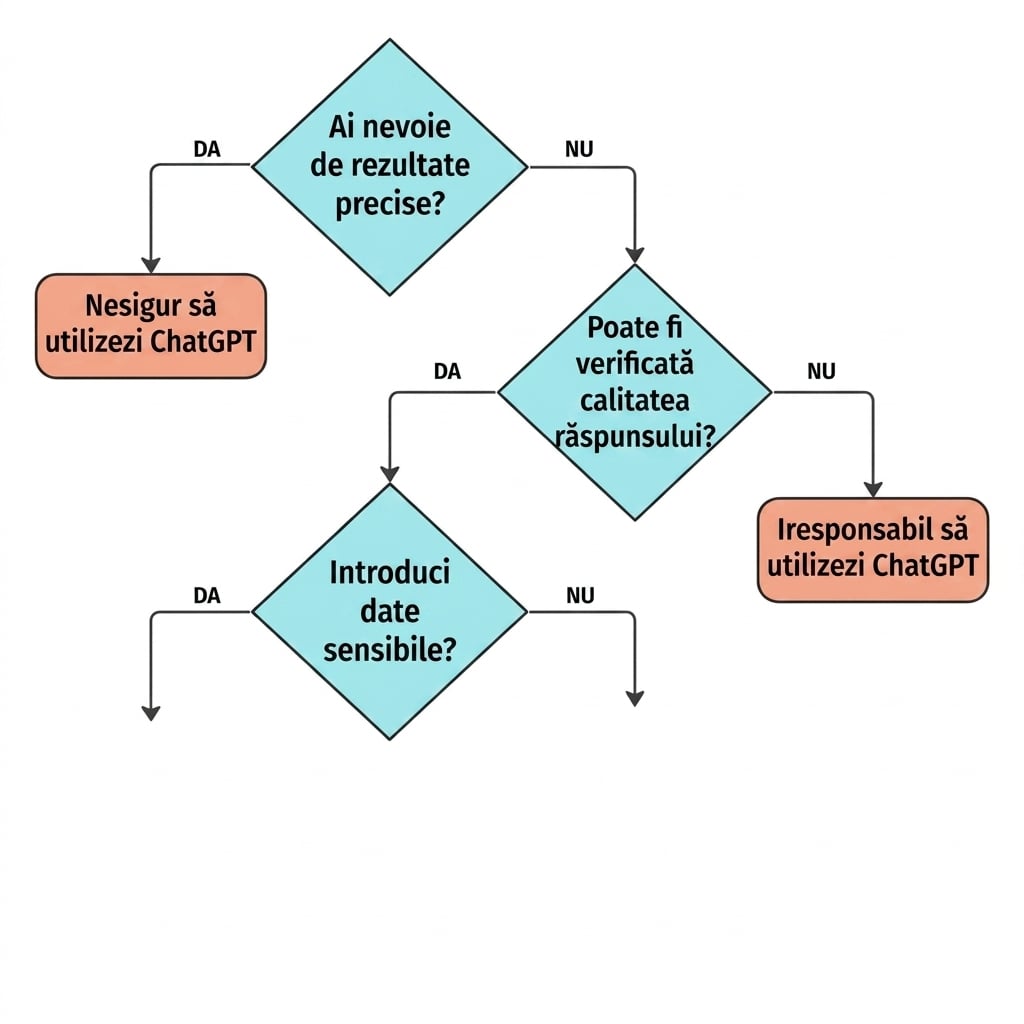 O diagramă cu patru întrebări-cheie pentru validarea unui caz de utilizare ca aplicație potrivită pentru ChatGPT.