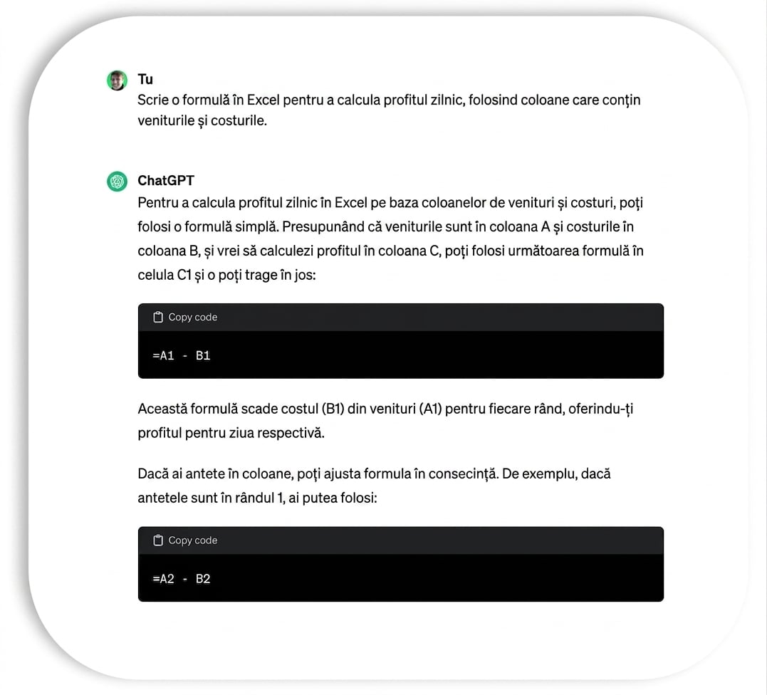 Exemplu de cod Python generat de ChatGPT pentru încărcarea unui fișier Excel.